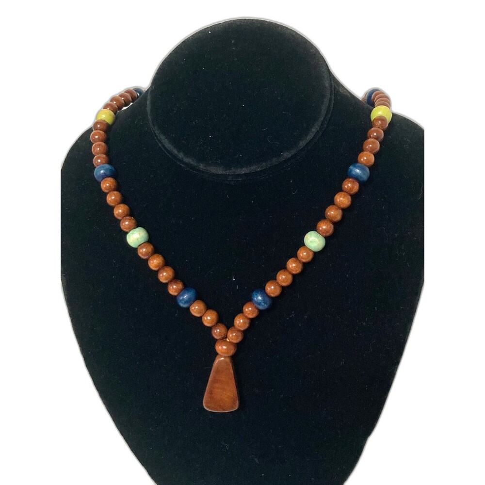 RAINBOW Accent Wood Bead Necklace Tribal Boho Statement Necklace Charm 12 Inches